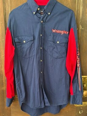 Wrangler Navy, Western Wear Button-Down Shirt with Red and white Sleeve Panels